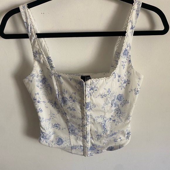 Tops - Floral Blue‎ and White Women's Corset Top Feminine Cottagecore